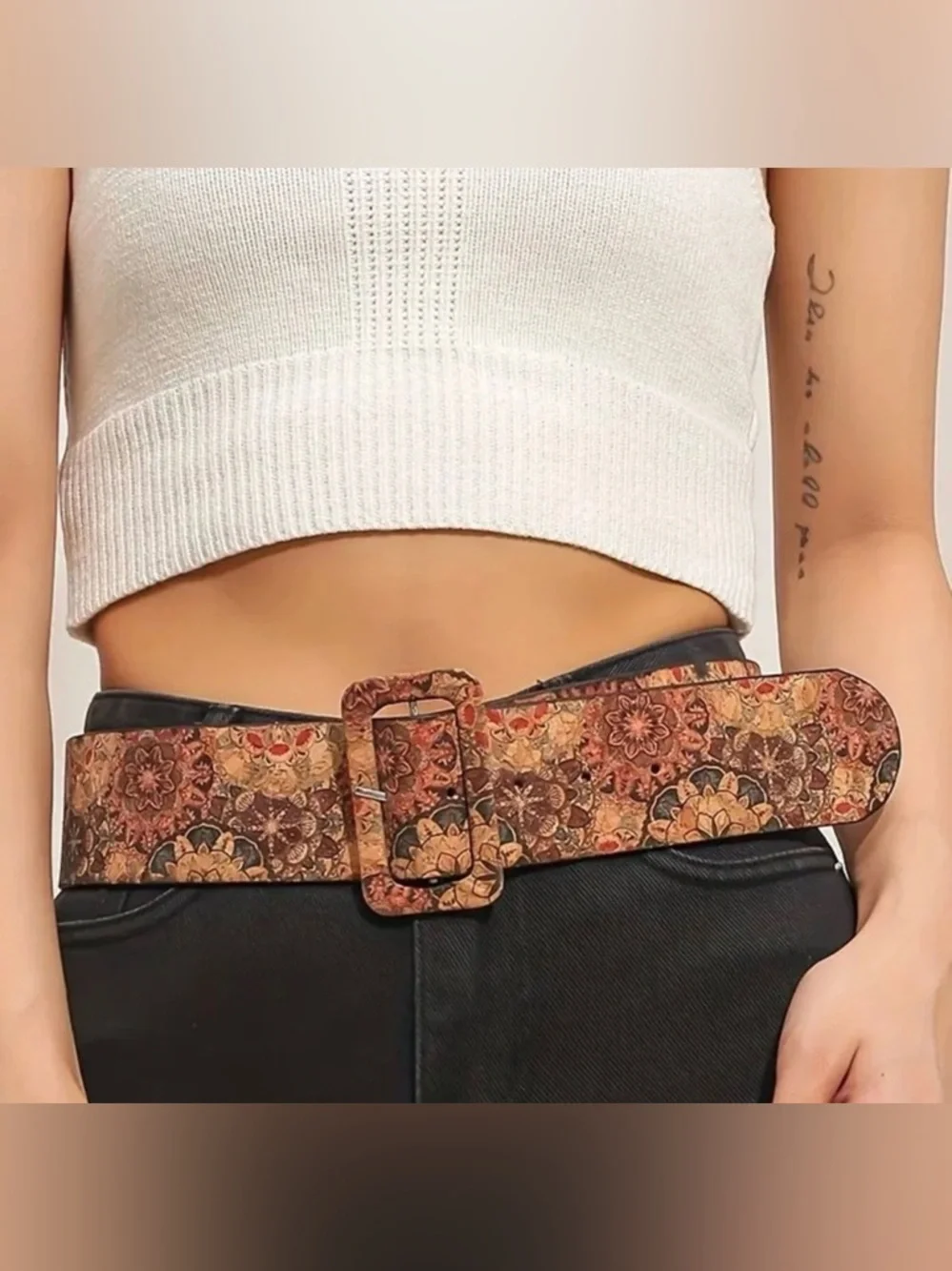 Boho Style Women’s Wide Belt OS Cork‎ Material Mandala Pattern Bohemian Hippie